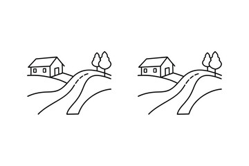 Minimalist Countryside Landscape With Houses Trees And Winding Road Outline Drawing