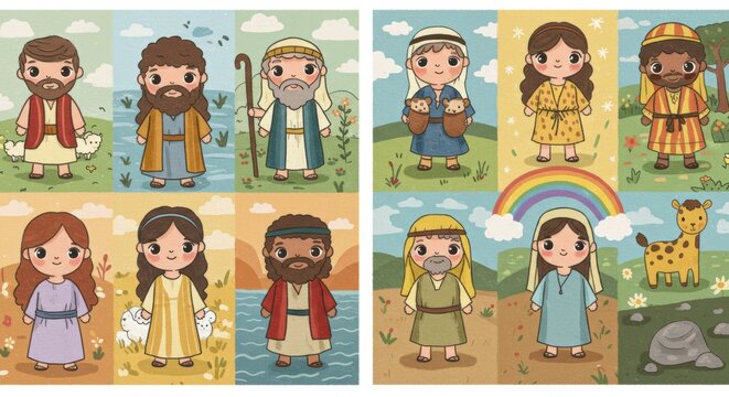 Set of cute biblical character illustrations, varied scenes. Children's storybook style. Religious narrative concept. For bible story books, educational apps, church classroom decorations.