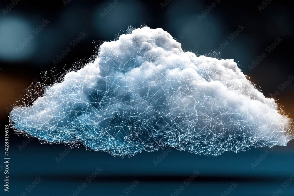 Poster a digital representation of a cloud composed of interconnected nodes, showcasing technology and inno