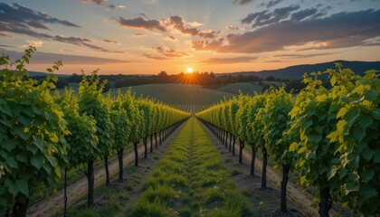 Naklejka premium Scenic Vineyard Landscape with Rows of Grapevines at Sunset