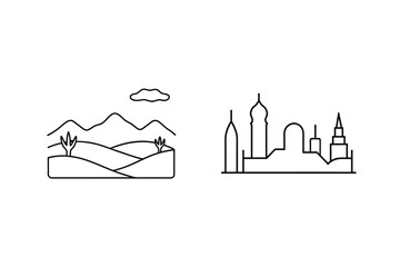 Landscape And Cityscape Minimalist Outline Vector Illustration Isolated On White Background