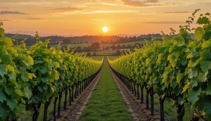 Fototapeta premium Serene Vineyard Landscape at Sunset with Lush Green Grapevines