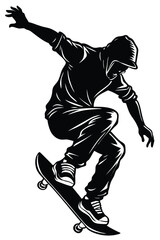 Obraz premium Silhouette of skateboarder performing trick graphic isolated on white background