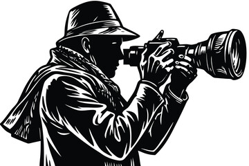 Silhouette of photographer with camera wearing hat and trench coat vector illustration