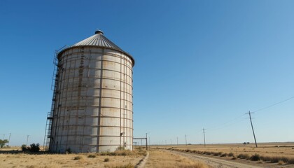 Rustic Grain Silo in Open Landscape Under Clear Blue Sky
