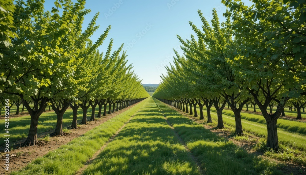 Poster lush green orchard with symmetrical rows of trees and clear sky