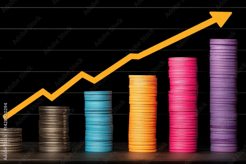 Poster a vibrant graph depicting increasing profits represented by colorful stacks of coins and an upward a