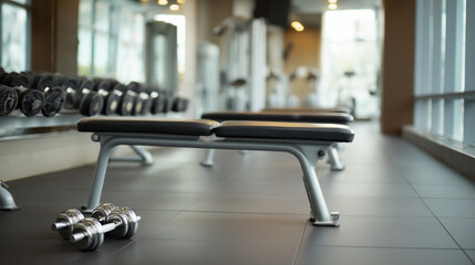 Fototapeta premium Empty gym with weight benches and dumbbells, a space for strength and focus.