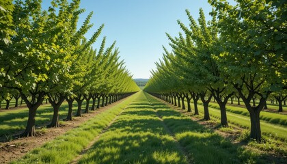 Obraz premium Lush Green Orchard with Symmetrical Rows of Trees and Clear Sky