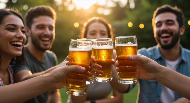 Friends toasting with beer glasses outdoors at sunset. Diverse group celebrating Oktoberfest. Social gathering concept for International Beer Day or summer party - Powered by Adobe
