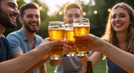 Friends toasting with beer glasses outdoors. Summer party celebration concept. Oktoberfest, International Beer Day, St. Patrick's Day festive gathering. Social drinking event