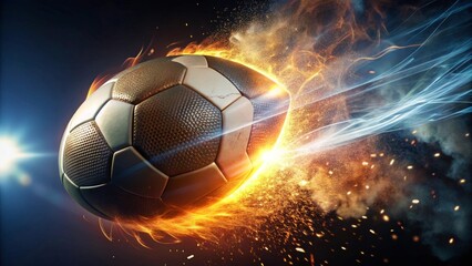 Fototapeta premium Fiery Soccer Ball Blazing Across a Dark Background with Glowing Trails of Light and Sparks