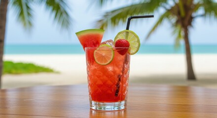 Serene tropical setting with a refreshing cocktail served in a textured glass