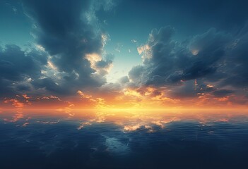 Fototapeta premium Tranquil sunset over calm water with warm clouds and colorful sky reflections.