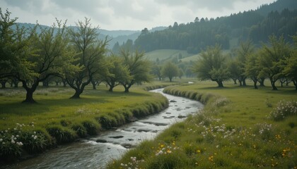 Obraz premium Serene Landscape with Stream and Lush Green Trees in Springtime