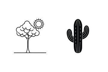 Minimalist Line Art Illustration Of Nature With Tree Sun And Cactus