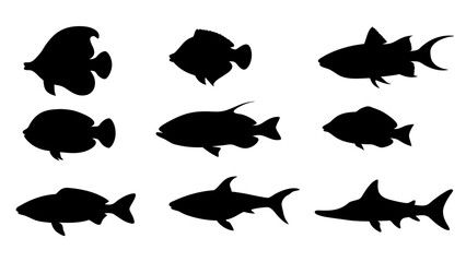 set of black fish silhouette vector on white background