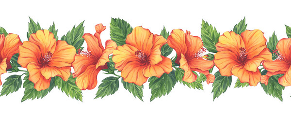 Tropical orange hibiscus floral border in watercolor technique © Anastasiia