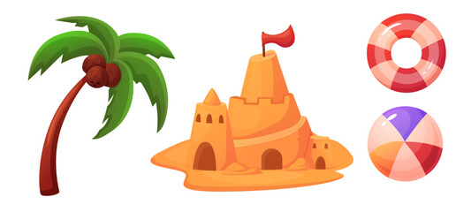 Vector set of summer beach elements palm tree, sandcastle, lifebuoy, and beach ball. Perfect for vacation, summer, and tropical themed designs, posters, and party invitations.