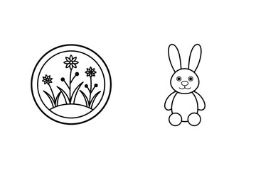 Obraz premium Minimalist Line Art Depicting Spring Flowers In Circle And Adorable Cartoon Rabbit