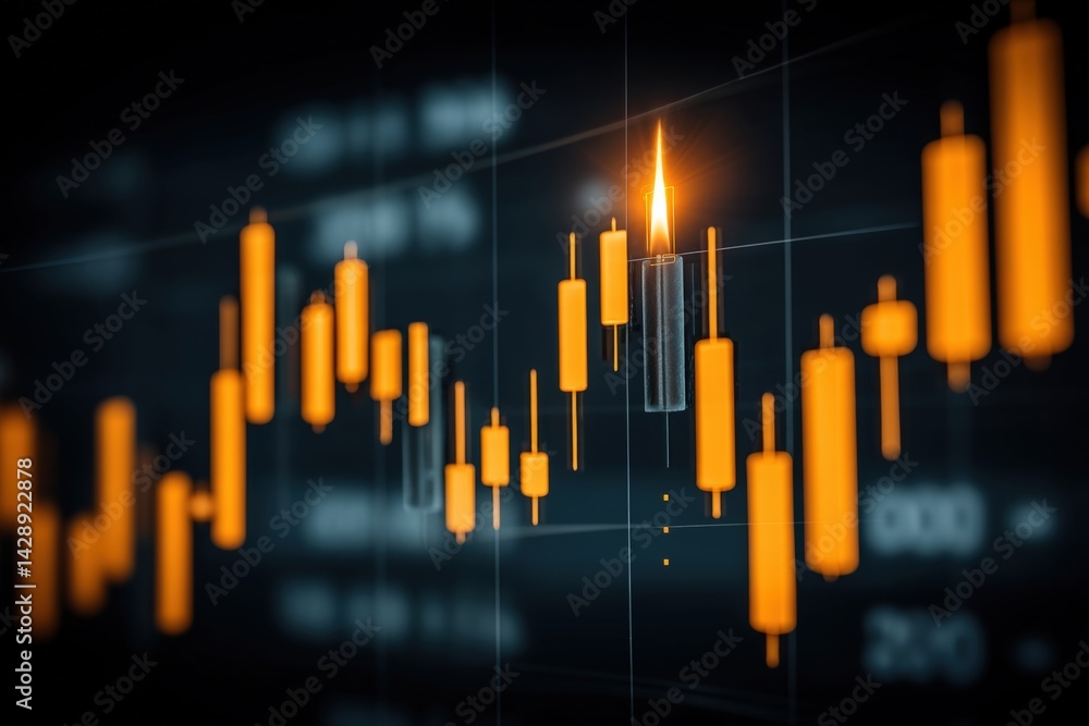 Poster a digital financial chart displaying candlestick patterns with orange and black colors, indicating p
