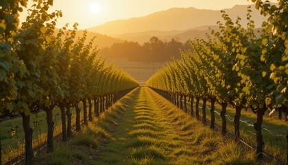Naklejka premium Serene Vineyard Landscape at Sunset with Warm Golden Light