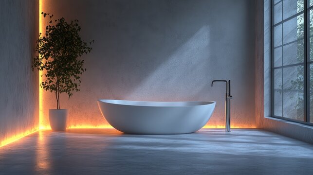 Modern minimalist bathroom with freestanding bathtub, illuminated corner, and large window.
