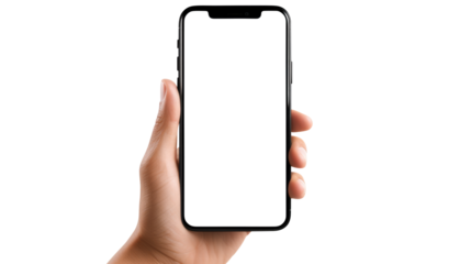 Hand holding smartphone isolated on transparent white background, clipping path, pen tool