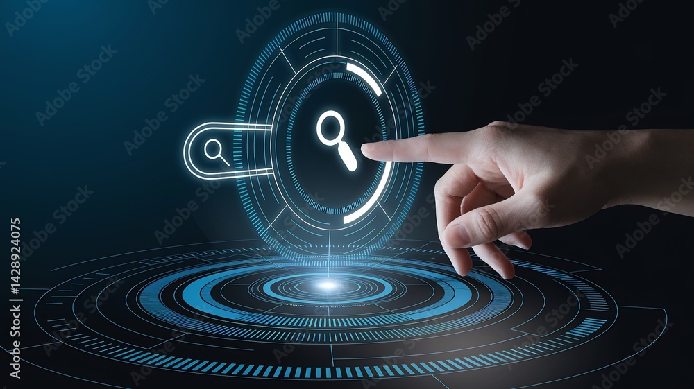 Poster digital search activation: a finger interacts with a glowing search interface, symbolizing informati