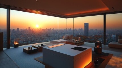 Fototapeta premium Modern penthouse apartment with panoramic city sunset view, featuring minimalist furniture and an indoor fireplace.