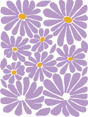 abstract floral pattern featuring stylized daisy-like flowers. , Arrange the flowers in a repeating, slightly overlapping pattern that fills the canvas