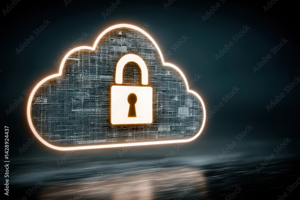 Poster a digital cloud symbol with a padlock, representing cybersecurity and data protection in the digital