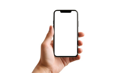 Hand holding smartphone isolated on transparent white background, clipping path, pen tool