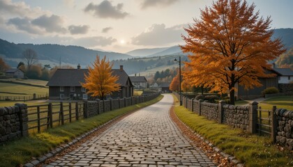 Fototapeta premium Scenic Autumn Landscape with Cobblestone Path and Vibrant Trees