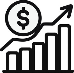 Black and white line icon of a financial growth chart with ascending bars, a rising arrow, and a dollar sign. Minimalist vector symbol for profit, investment, business success, or analytics.