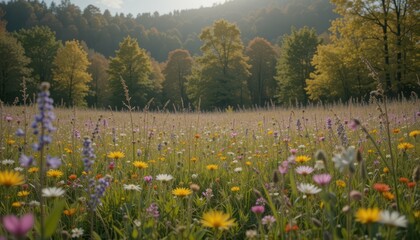 Fototapeta premium Vibrant Wildflower Meadow Under Soft Morning Light in Nature