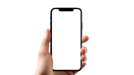 Hand holding smartphone isolated on transparent white background, clipping path, pen tool