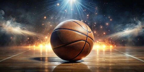 Obraz premium A lone basketball rests on a polished hardwood court, illuminated by dramatic stage lighting and ethereal particles, creating a captivating scene of anticipation and potential