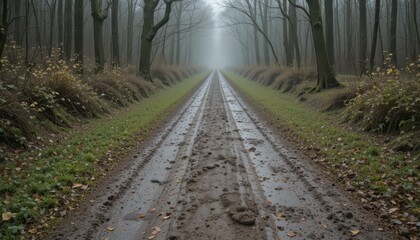 Naklejka premium Serene Misty Path Through Dense Forest with Muddy Footprints