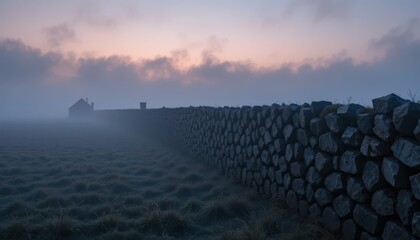 Fototapeta premium Misty Dawn Over Stone Wall and House in Serene Landscape