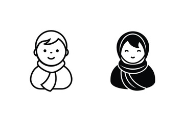 Cute Kid And A Woman Wearing Scarf Flat Icons Vector Illustration