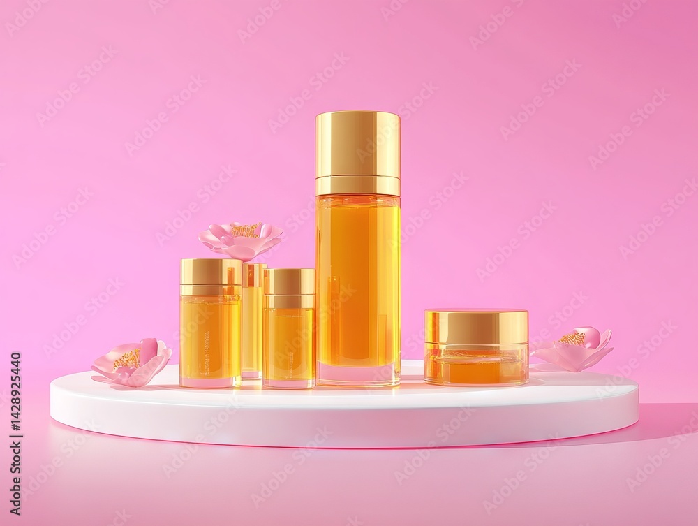 Poster a soft pink background provides a subtle setting for a minimalistic pedestal displaying an assortmen