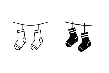 Christmas Socks Icon Vector Illustration On Clothesline Minimalist Winter Holiday