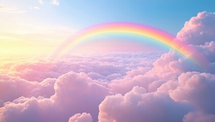Pastel rainbow gracefully arches over fluffy clouds in a dreamy sky filled with ethereal colors and whimsical charm, inviting imagination and wonder