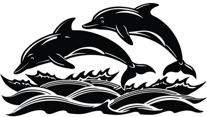 Naklejka premium Two dolphins jumping gracefully out of water black and white vector illustration