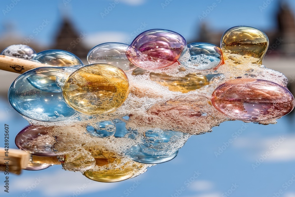 Poster colorful soap bubbles floating above a surface, reflecting a vibrant environment with a playful and 