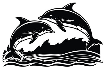 Naklejka premium Two dolphins jumping out of the water black and white illustration