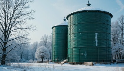Snow-Covered Grain Silos in a Serene Winter Landscape