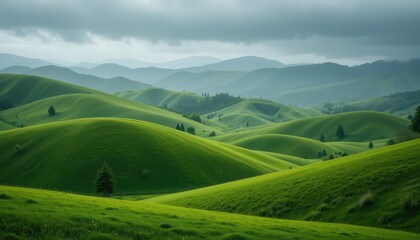 Fototapeta premium Lush Green Hills Under Dramatic Clouds in Rolling Landscape Scene