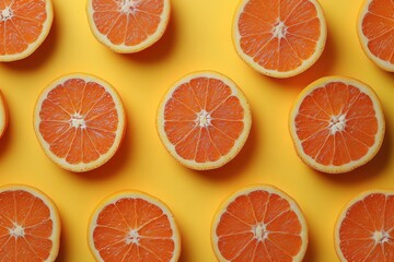 Vibrant arrangement of perfectly cut orange slices on a bright yellow background for fresh and lively design inspiration